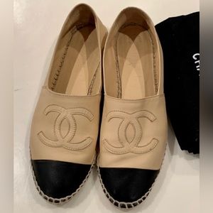 CHANEL Black & Beige Leather Black Cap Espadrilles 100% AUTHENTIC